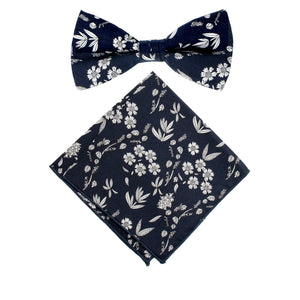 Men's Cotton Floral Bow Tie and Handkerchief Set, Dark Navy (Color F66)