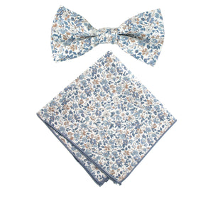 Men's Cotton Floral Bow Tie and Handkerchief Set, Steel Blue (Color F67)