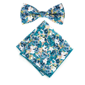 Men's Cotton Floral Bow Tie and Handkerchief Set, Teal (Color F69)
