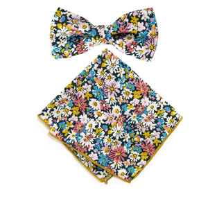Men's Cotton Floral Bow Tie and Handkerchief Set, Navy Coral (Color F71)