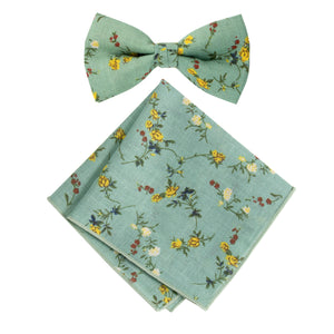 Men's Cotton Floral Bow Tie and Handkerchief Set, Green Yellow (Color F72)