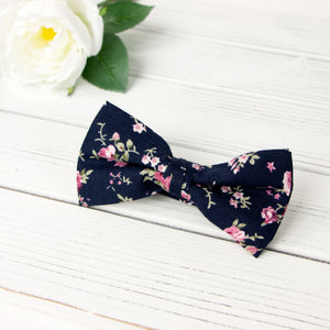 Men's Cotton Floral Bow Tie and Handkerchief Set, Navy Pink (Color F38)