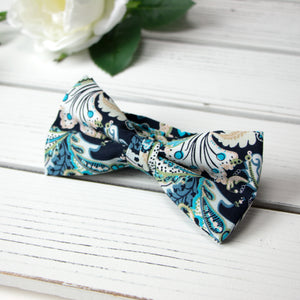 Men's Cotton Floral Bow Tie and Handkerchief Set, Marine (Color F50)
