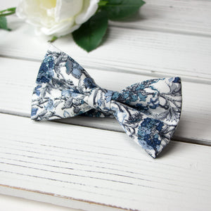 Men's Cotton Floral Bow Tie and Handkerchief Set, Steel Blue (Color F54)