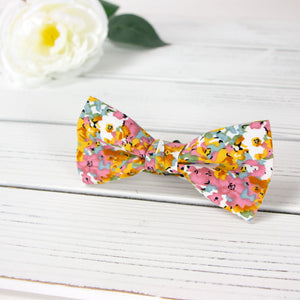 Men's Cotton Floral Bow Tie and Handkerchief Set, Pink Yellow (Color F68)