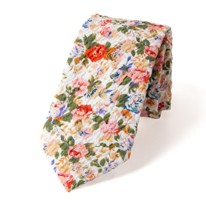 Men's Salt Shrinking Seersucker Cotton Floral Print Necktie and Handkerchief Set, Orange