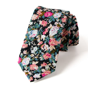 Men's Salt Shrinking Seersucker Cotton Floral Print Necktie and Handkerchief Set, Black Coral