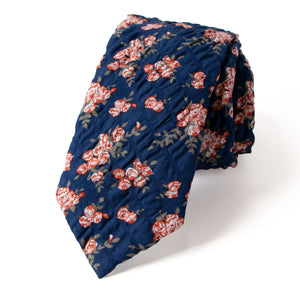 Men's Salt Shrinking Seersucker Cotton Floral Print Necktie and Handkerchief Set, Navy Orange