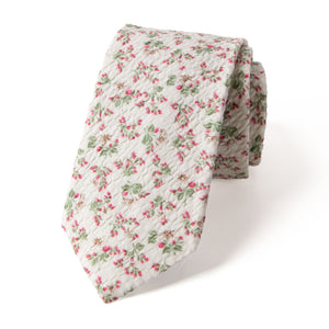 Men's Salt Shrinking Seersucker Cotton Floral Print Necktie and Handkerchief Set, Beige Sage Red