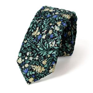 Men's Salt Shrinking Seersucker Cotton Floral Print Necktie and Handkerchief Set, Black Green