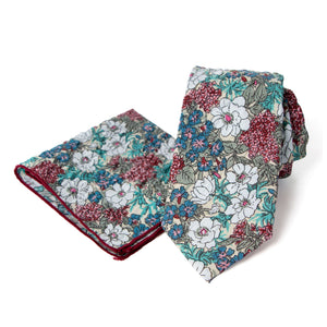 Men's Salt Shrinking Seersucker Cotton Floral Print Necktie and Handkerchief Set, Blue Tan