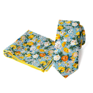 Men's Salt Shrinking Seersucker Cotton Floral Print Necktie and Handkerchief Set, Blue Yellow