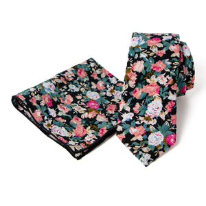 Men's Salt Shrinking Seersucker Cotton Floral Print Necktie and Handkerchief Set, Black Coral