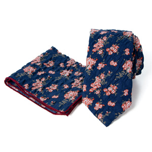 Men's Salt Shrinking Seersucker Cotton Floral Print Necktie and Handkerchief Set, Navy Orange