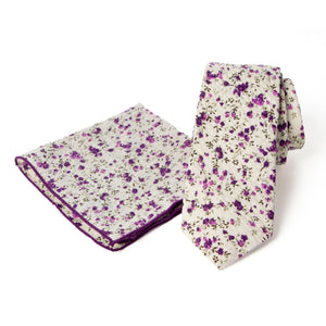 Men's Salt Shrinking Seersucker Cotton Floral Print Necktie and Handkerchief Set, Ivory Purple