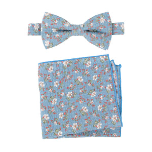 Men's Salt Shrinking Seersucker Cotton Floral Print Bow Tie and Handkerchief Set, Blue