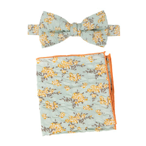Men's Salt Shrinking Seersucker Cotton Floral Print Bow Tie and Handkerchief Set, Sage