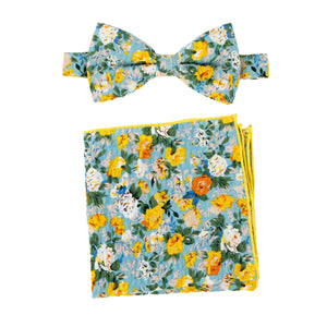 Men's Salt Shrinking Seersucker Cotton Floral Print Bow Tie and Handkerchief Set, Blue Yellow