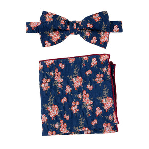 Men's Salt Shrinking Seersucker Cotton Floral Print Bow Tie and Handkerchief Set, Navy Orange
