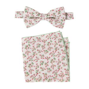 Men's Salt Shrinking Seersucker Cotton Floral Print Bow Tie and Handkerchief Set, Beige Sage Red