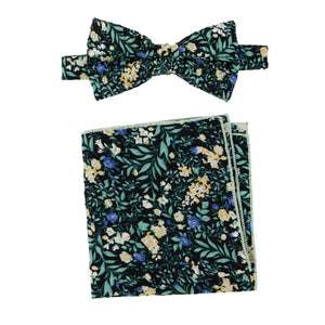 Men's Salt Shrinking Seersucker Cotton Floral Print Bow Tie and Handkerchief Set, Black Green