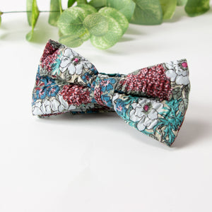 Men's Salt Shrinking Seersucker Cotton Floral Print Bow Tie and Handkerchief Set, Blue Tan