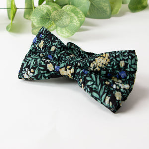 Men's Salt Shrinking Seersucker Cotton Floral Print Bow Tie and Handkerchief Set, Black Green