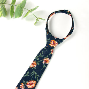 Boys' Cotton Floral Print Zipper Necktie and Pocket Square Set, Navy Orange (Color F35)