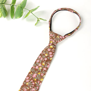 Boys' Cotton Floral Print Zipper Necktie and Pocket Square Set, Brown (Color F39)