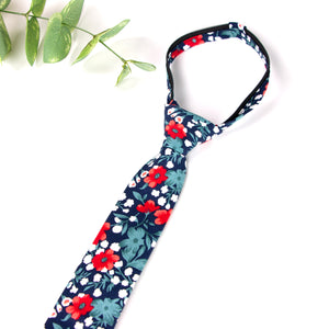 Boys' Cotton Floral Print Zipper Necktie and Pocket Square Set, Blue Red (Color F42)
