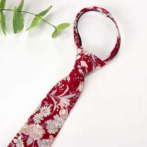 Boys' Cotton Floral Print Zipper Necktie and Pocket Square Set, Apple Red (Color F45)