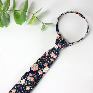 Boys' Cotton Floral Print Zipper Necktie and Pocket Square Set, Navy Blush Pink (Color F59)
