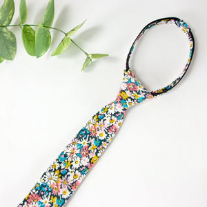 Boys' Cotton Floral Print Zipper Necktie and Pocket Square Set, Navy Coral (Color F71)
