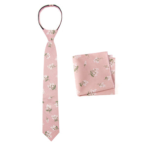 Boys' Cotton Floral Print Zipper Necktie and Pocket Square Set, Blush Pink (Color F13)