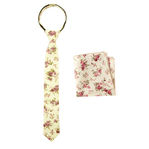 Boys' Cotton Floral Print Zipper Necktie and Pocket Square Set, Yellow (Color F15)