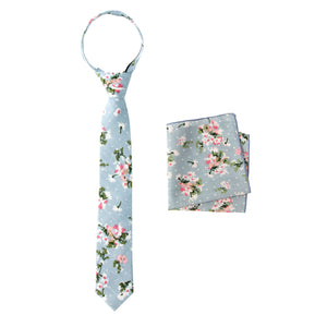 Boys' Cotton Floral Print Zipper Necktie and Pocket Square Set, Light Blue (Color F19)
