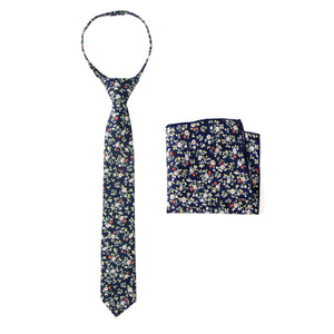 Boys' Cotton Floral Print Zipper Necktie and Pocket Square Set, Navy (Color F21)