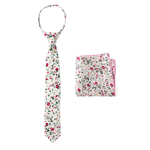 Boys' Cotton Floral Print Zipper Necktie and Pocket Square Set, White (Color F22)