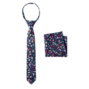 Boys' Cotton Floral Print Zipper Necktie and Pocket Square Set, Navy (Color F23)