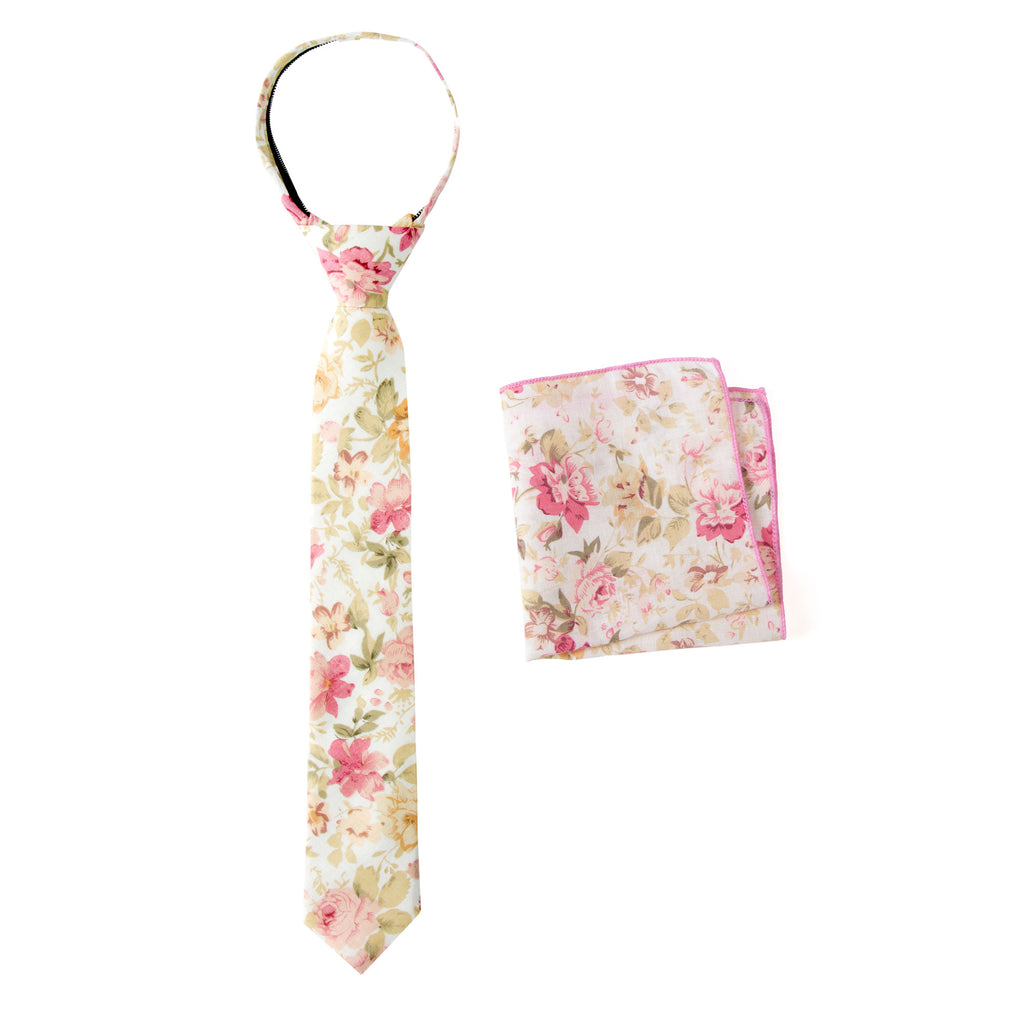 Boys' Cotton Floral Print Zipper Necktie and Pocket Square Set, Peach (Color F25)