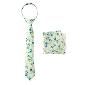 Boys' Cotton Floral Print Zipper Necktie and Pocket Square Set, Blue (Color F26)