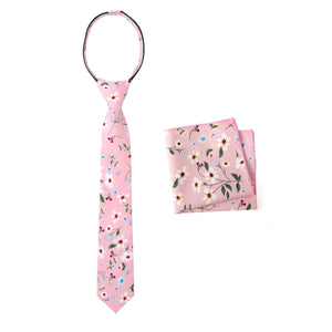 Boys' Cotton Floral Print Zipper Necktie and Pocket Square Set, Light Pink (Color F29)