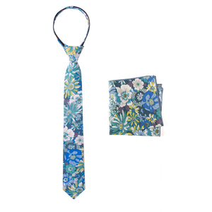 Boys' Cotton Floral Print Zipper Necktie and Pocket Square Set, Blue (Color F31)