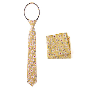Boys' Cotton Floral Print Zipper Necktie and Pocket Square Set, Mustard (Color F32)