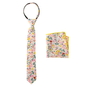 Boys' Cotton Floral Print Zipper Necktie and Pocket Square Set, Ivory (Color F33)