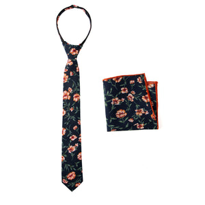 Boys' Cotton Floral Print Zipper Necktie and Pocket Square Set, Navy Orange (Color F35)