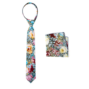 Boys' Cotton Floral Print Zipper Necktie and Pocket Square Set, Black Pink (Color F36)