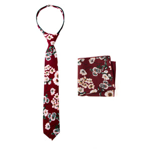 Boys' Cotton Floral Print Zipper Necktie and Pocket Square Set, Burgundy (Color F37)