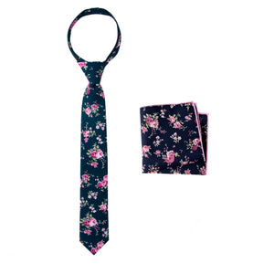 Boys' Cotton Floral Print Zipper Necktie and Pocket Square Set, Navy Pink (Color F38)