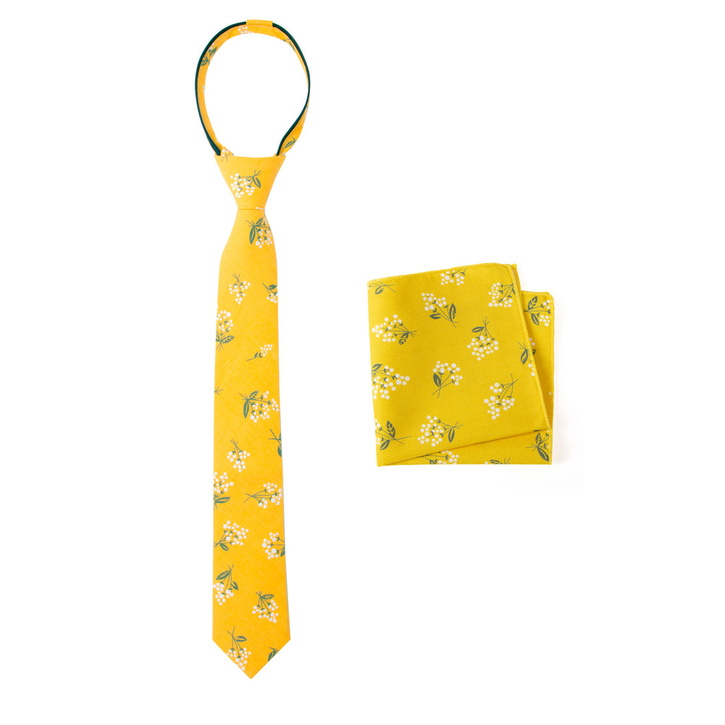 Boys' Cotton Floral Print Zipper Necktie and Pocket Square Set, Mustard (Color F40)